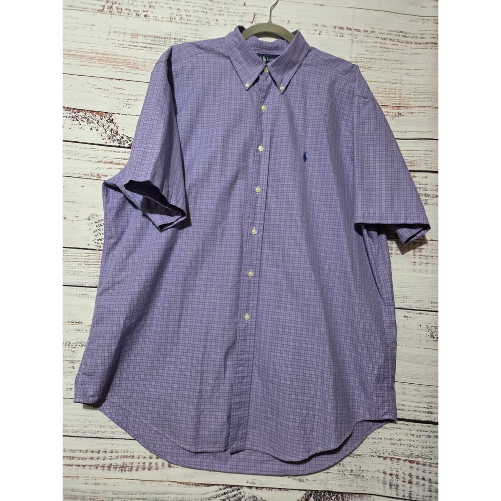 Ralph Lauren Mens XL Classic Fit Short Sleeve Button Down Shirt Purple Check